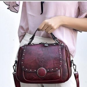 Studded Vintage Double Top Handle Maroon Brown Saddle Bag Purse